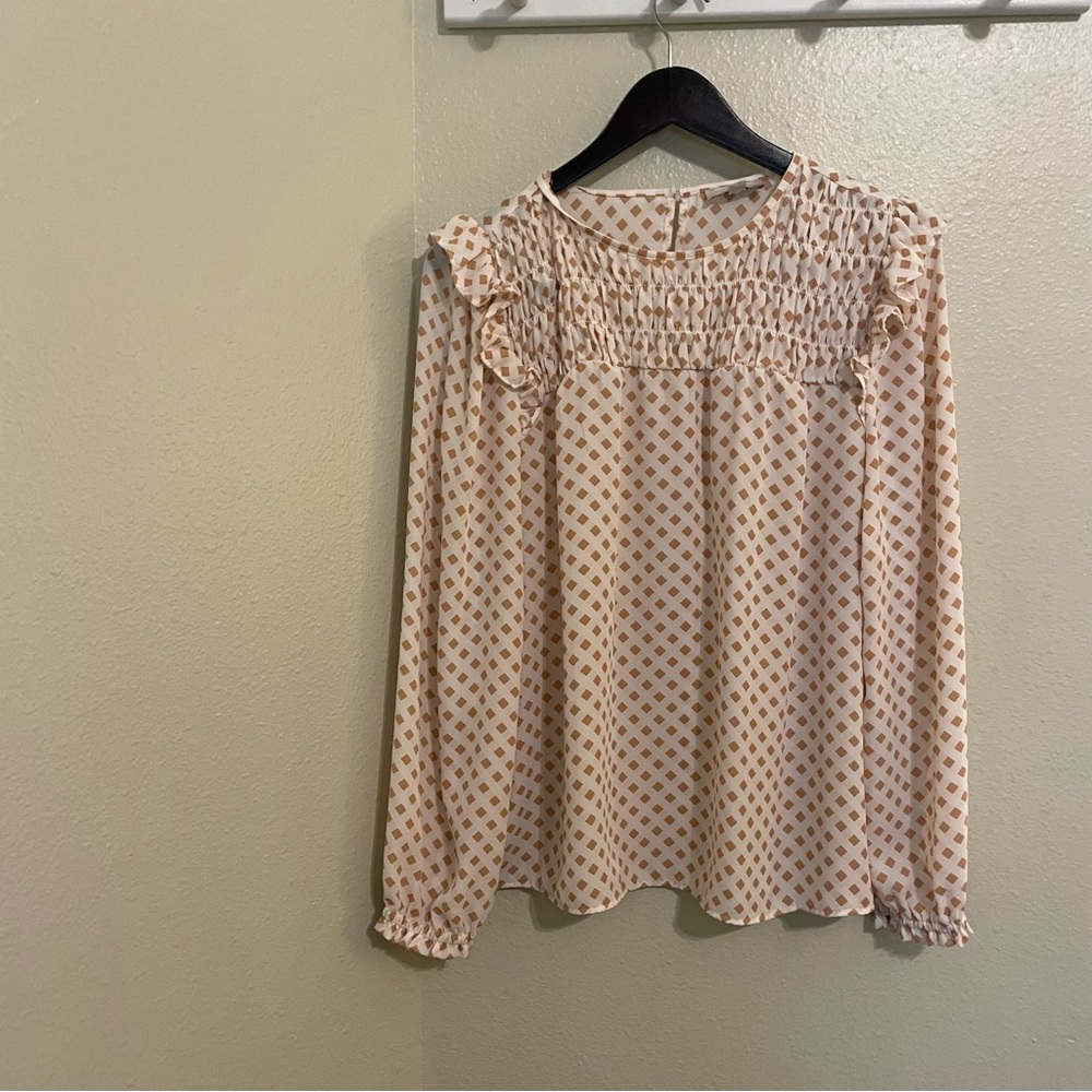 LOFT Cream Blouse with Tan Geometric Print & Ruffle Shoulders